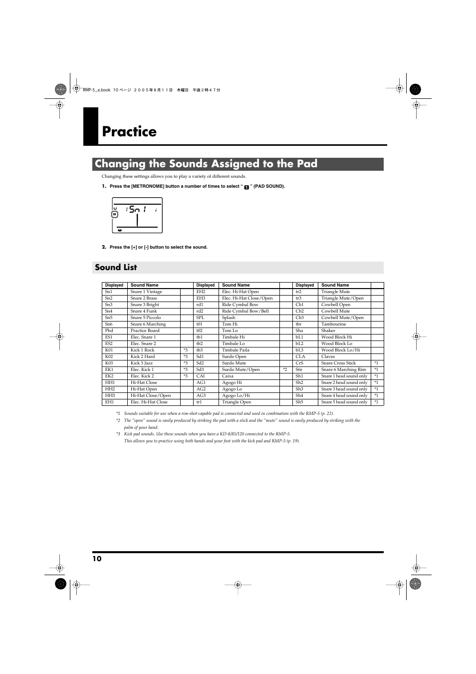 Practice, Changing the sounds assigned to the pad, Sound list | Roland RMP-5 User Manual | Page 10 / 36