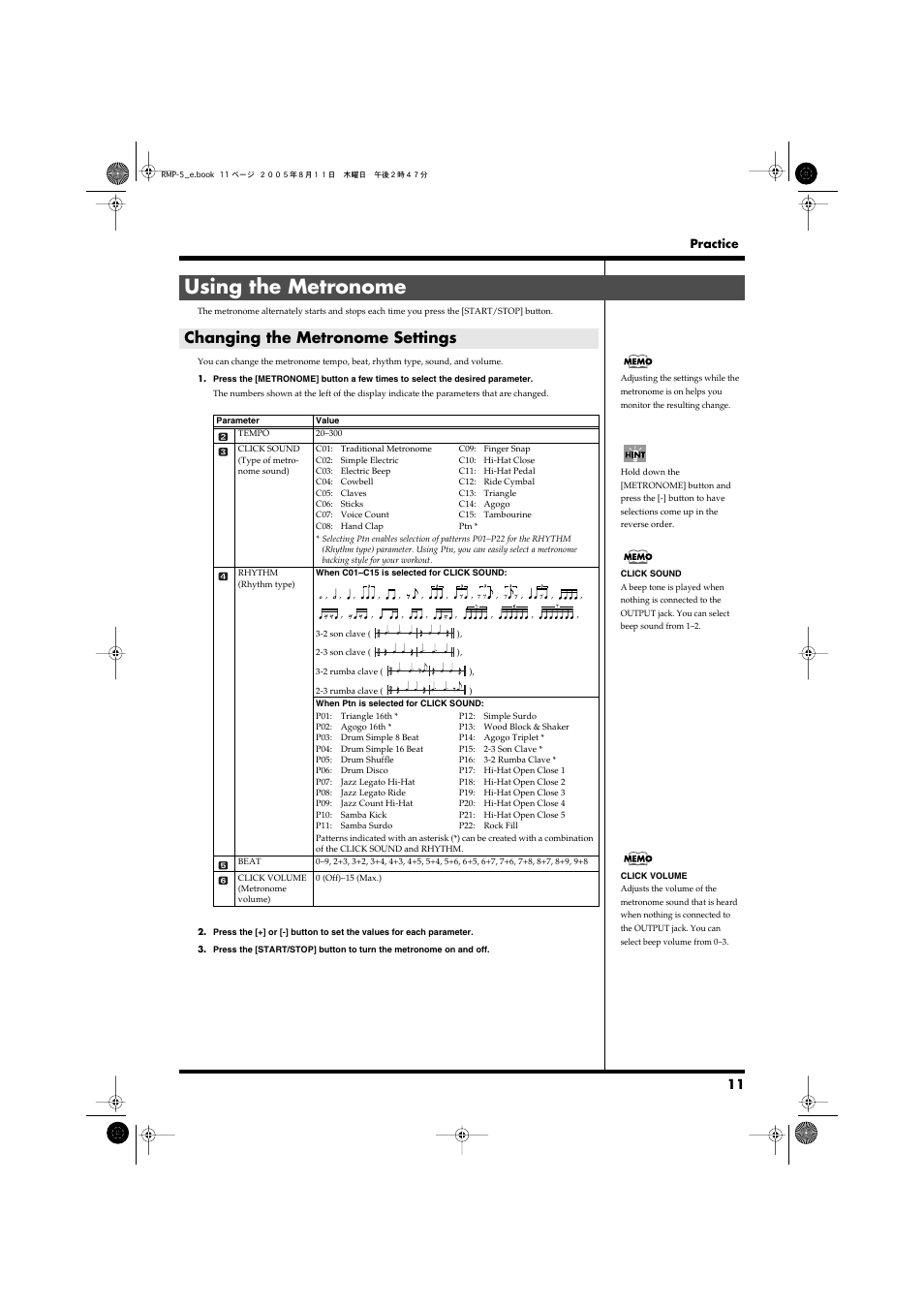 Using the metronome, Changing the metronome settings, P. 11) | Roland RMP-5 User Manual | Page 11 / 36