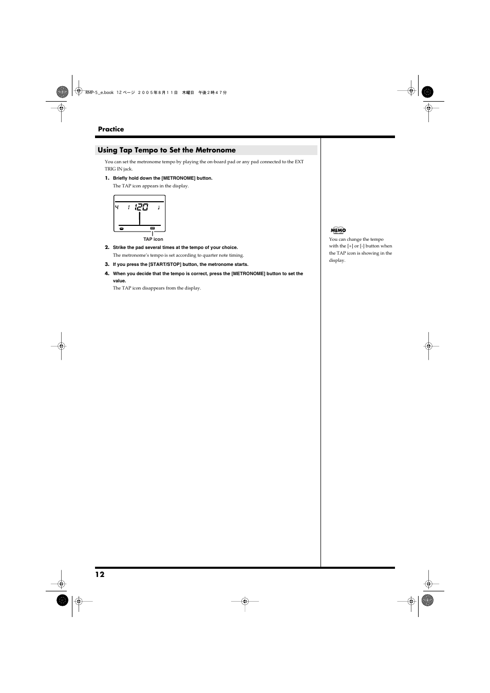 Using tap tempo to set the metronome | Roland RMP-5 User Manual | Page 12 / 36