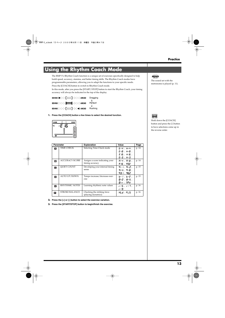 Using the rhythm coach mode | Roland RMP-5 User Manual | Page 13 / 36