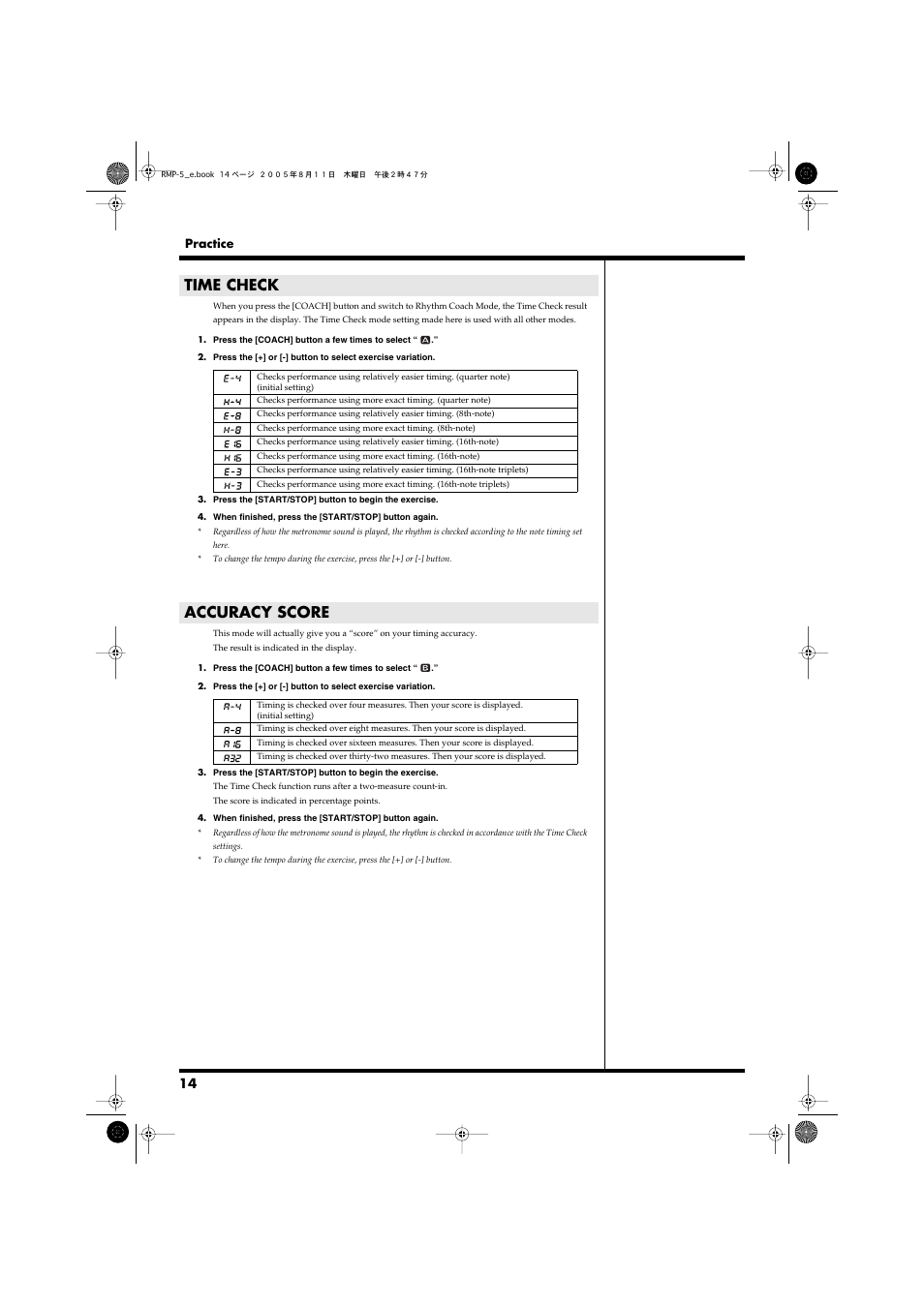 Time check, Accuracy score, Time check accuracy score | P. 14 | Roland RMP-5 User Manual | Page 14 / 36