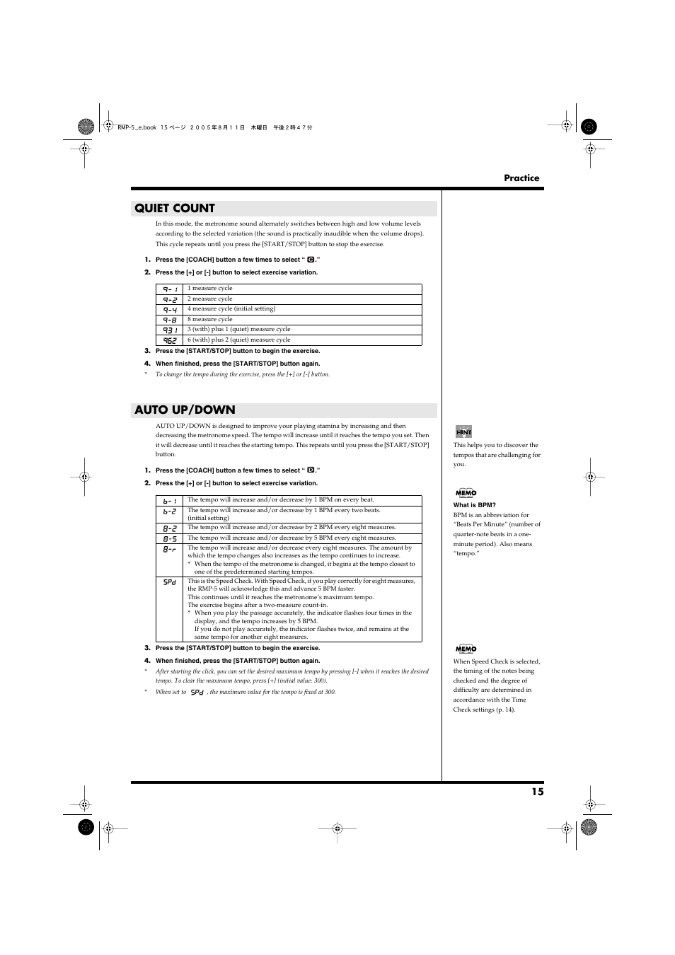 Quiet count, Auto up/down, Quiet count auto up/down | P. 15 | Roland RMP-5 User Manual | Page 15 / 36