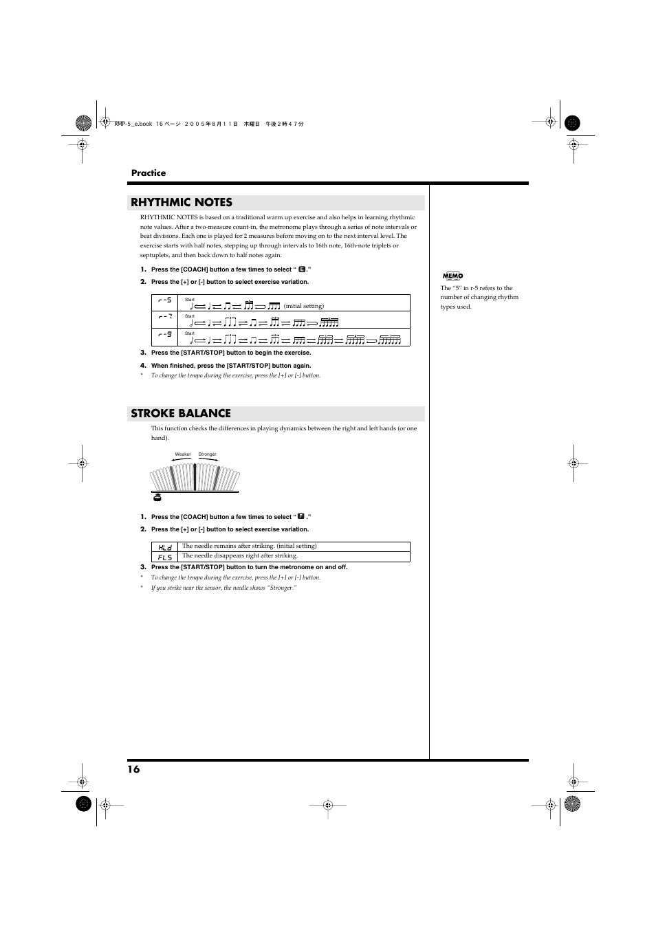 Rhythmic notes, Stroke balance, Rhythmic notes stroke balance | P. 16 | Roland RMP-5 User Manual | Page 16 / 36