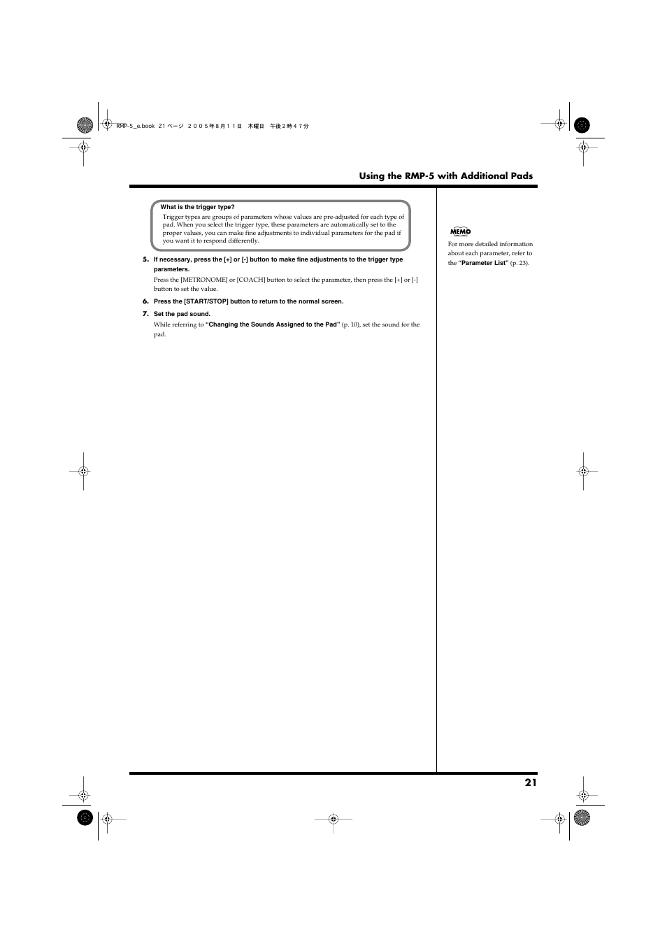 Trigger type (p. 21) | Roland RMP-5 User Manual | Page 21 / 36