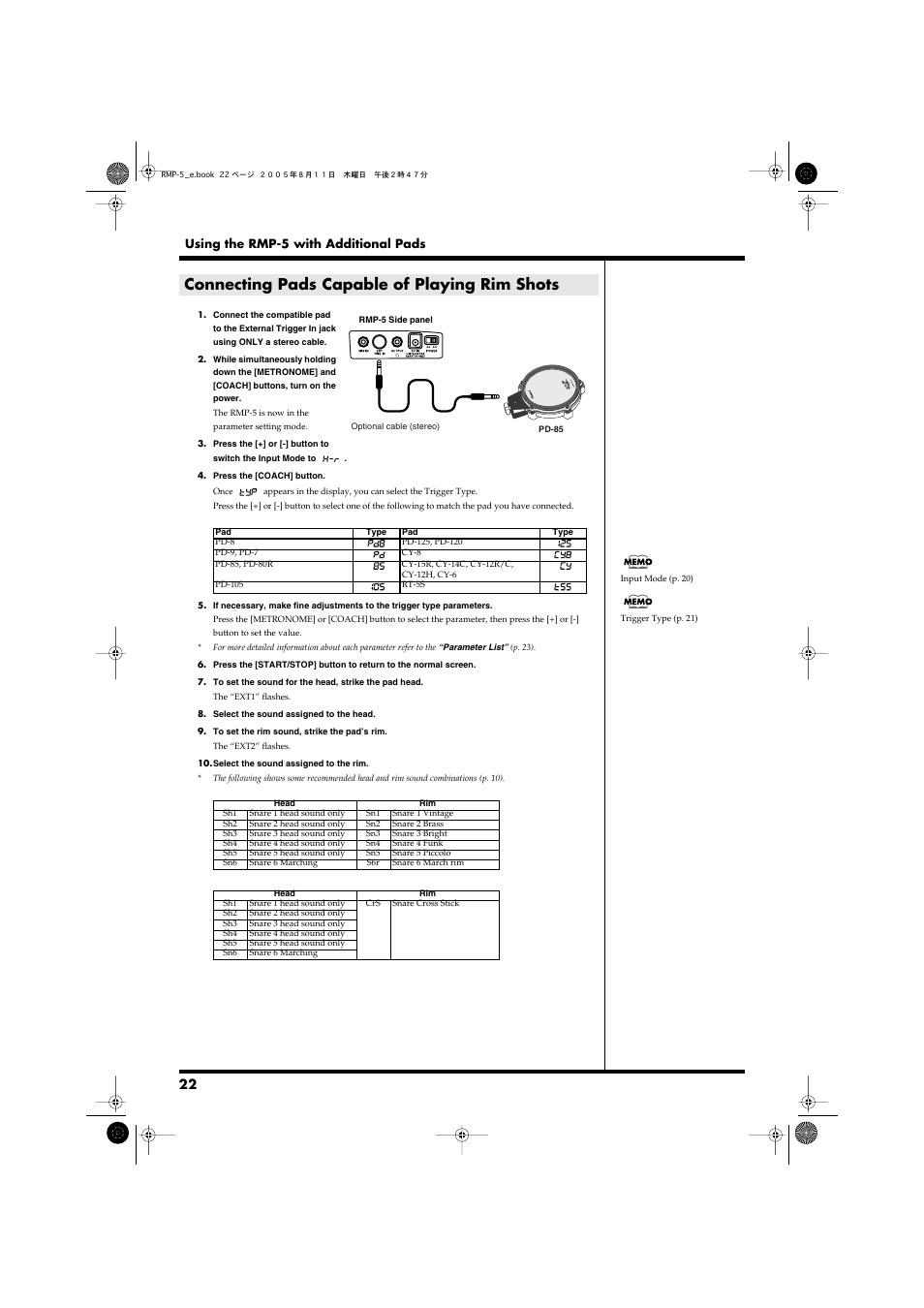 Connecting pads capable of playing rim shots, P. 22), Connecting pads capable | Of playing rim shots | Roland RMP-5 User Manual | Page 22 / 36