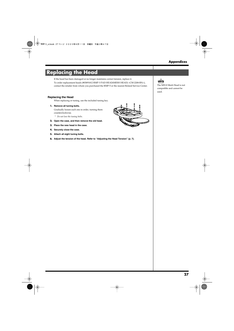 Replacing the head | Roland RMP-5 User Manual | Page 27 / 36