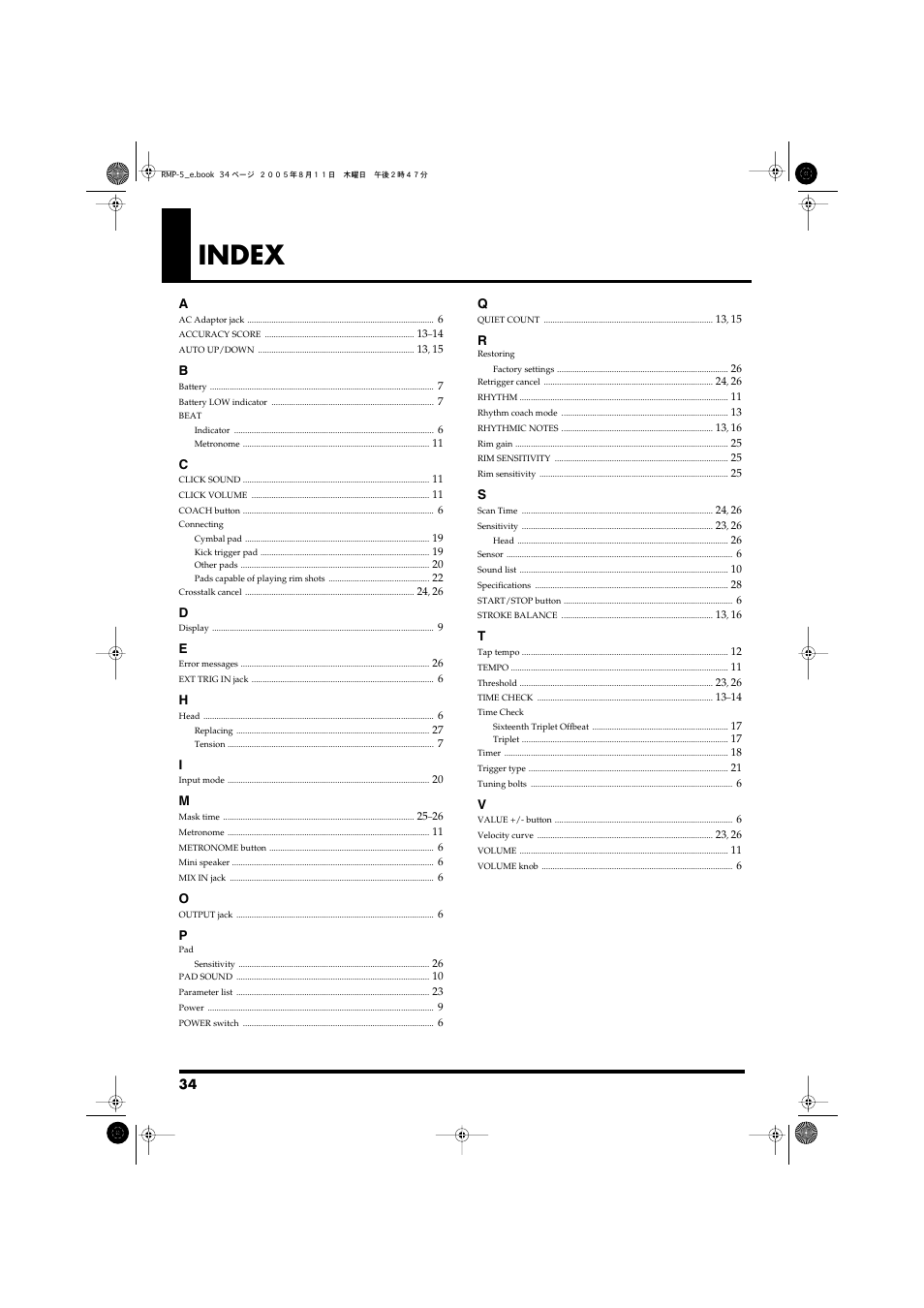 Index | Roland RMP-5 User Manual | Page 34 / 36