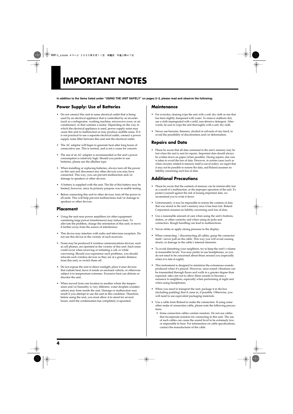 Important notes | Roland RMP-5 User Manual | Page 4 / 36