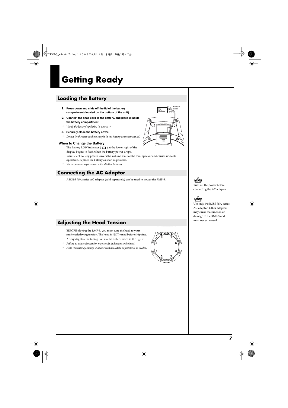 Getting ready, Loading the battery, Connecting the ac adaptor | Adjusting the head tension | Roland RMP-5 User Manual | Page 7 / 36