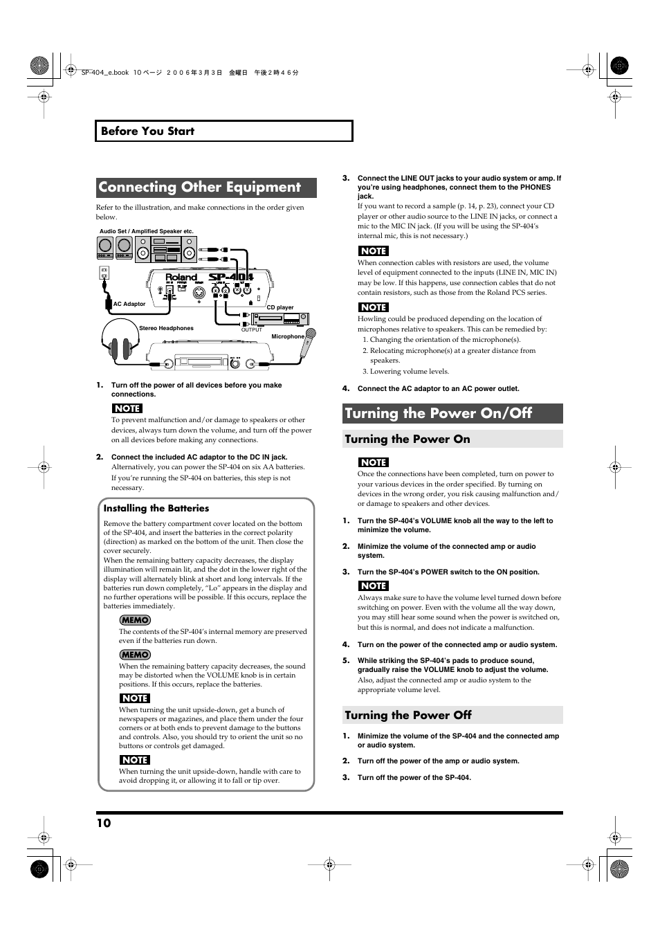 Connecting other equipment, Turning the power on/off, Turning the power on | Turning the power off, Connect the included ac adaptor here. (p. 10), This turns the power on/off. (p. 10), Sampling. (p. 10), 10 before you start, Turning the power on turning the power off | Roland SP-404 User Manual | Page 10 / 56