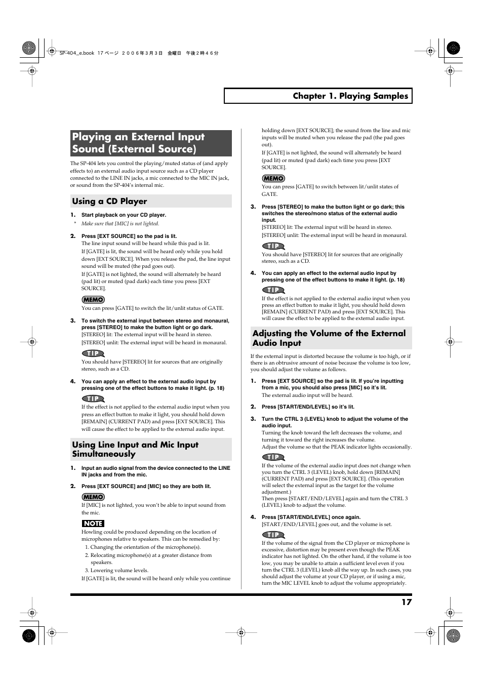 Playing an external input sound (external source), Using a cd player, Using line input and mic input simultaneously | Adjusting the volume of the external audio input, Of a sample. (p. 17, p. 29, p. 32, p. 35, p. 44), Input source (line or mic). (p. 17, p. 45), When the button is lit. (p. 17, p. 24), 17 chapter 1. playing samples | Roland SP-404 User Manual | Page 17 / 56