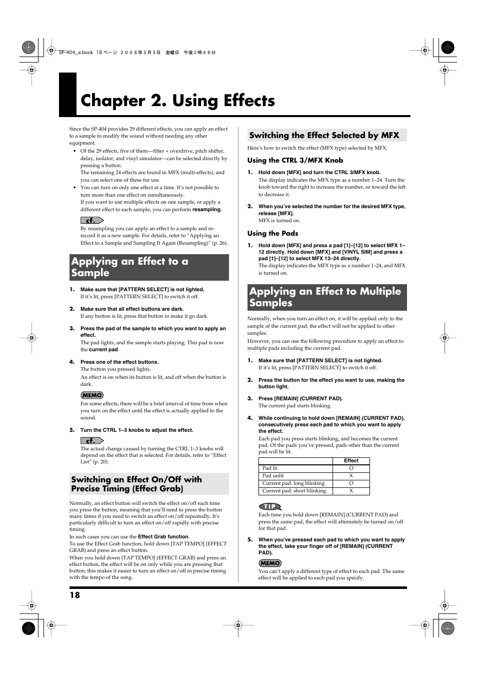 Chapter 2. using effects, Applying an effect to a sample, Switching the effect selected by mfx | Applying an effect to multiple samples, Want to change. (p. 18, p. 28) | Roland SP-404 User Manual | Page 18 / 56