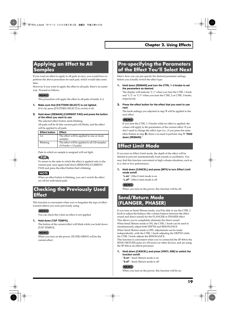 Applying an effect to all samples, Checking the previously used effect, Effect limit mode | Send/return mode (flanger, phaser), 19 chapter 2. using effects | Roland SP-404 User Manual | Page 19 / 56