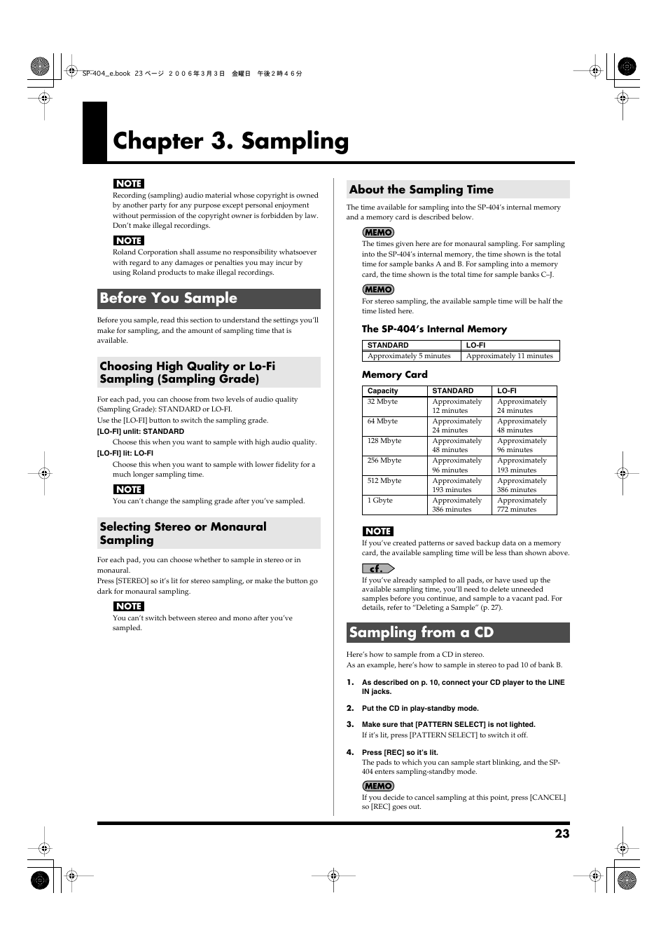 Chapter 3. sampling, Before you sample, Selecting stereo or monaural sampling | About the sampling time, Sampling from a cd, Before you sample sampling from a cd, P. 23), Sampling from a cd” (p. 23) | Roland SP-404 User Manual | Page 23 / 56