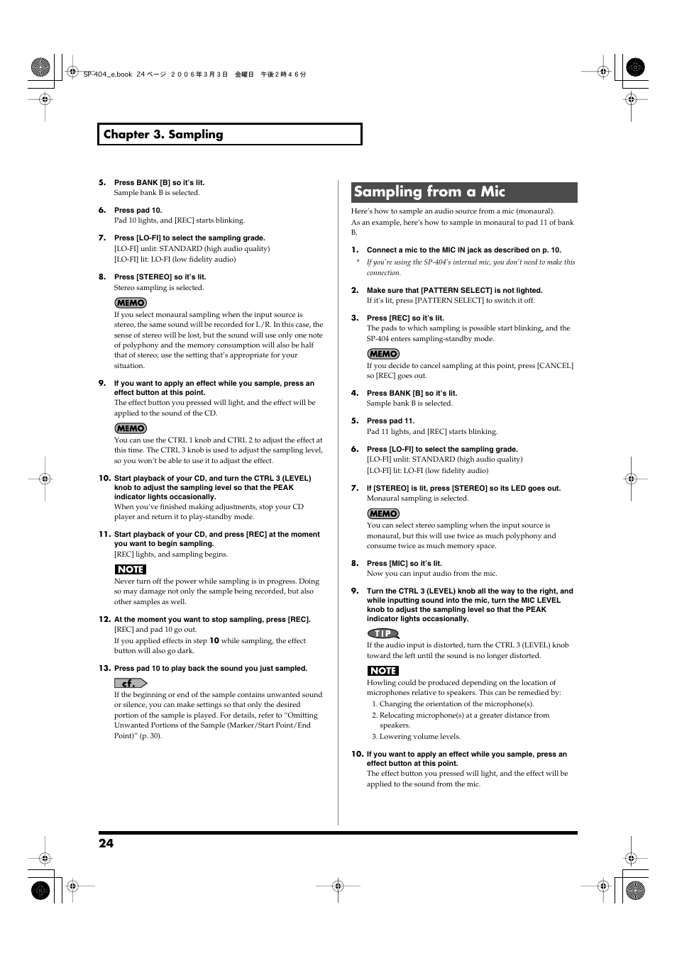 Sampling from a mic, 24 chapter 3. sampling | Roland SP-404 User Manual | Page 24 / 56