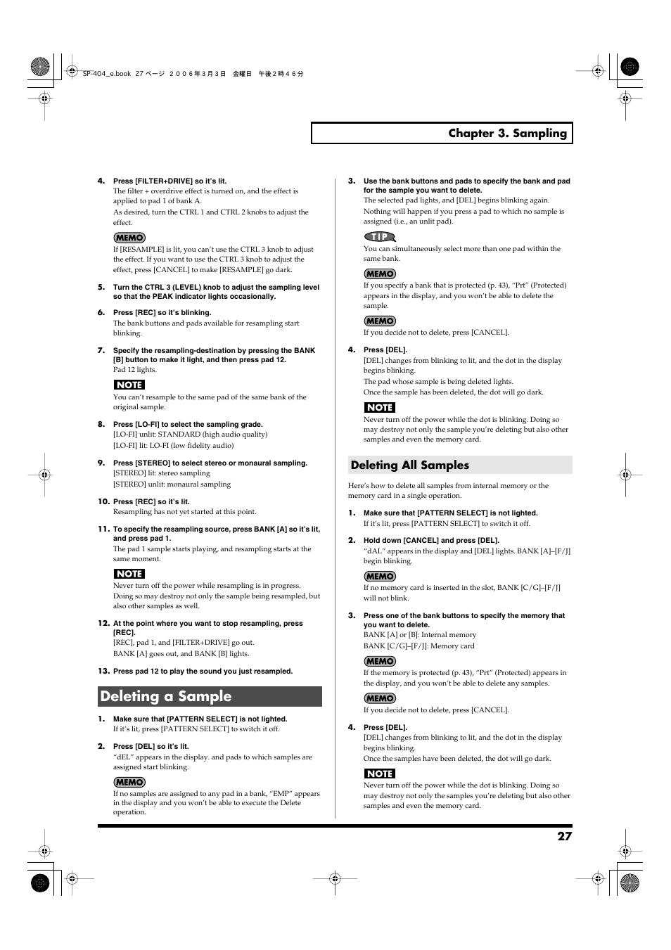 Deleting a sample, Deleting all samples, 27 chapter 3. sampling | Roland SP-404 User Manual | Page 27 / 56