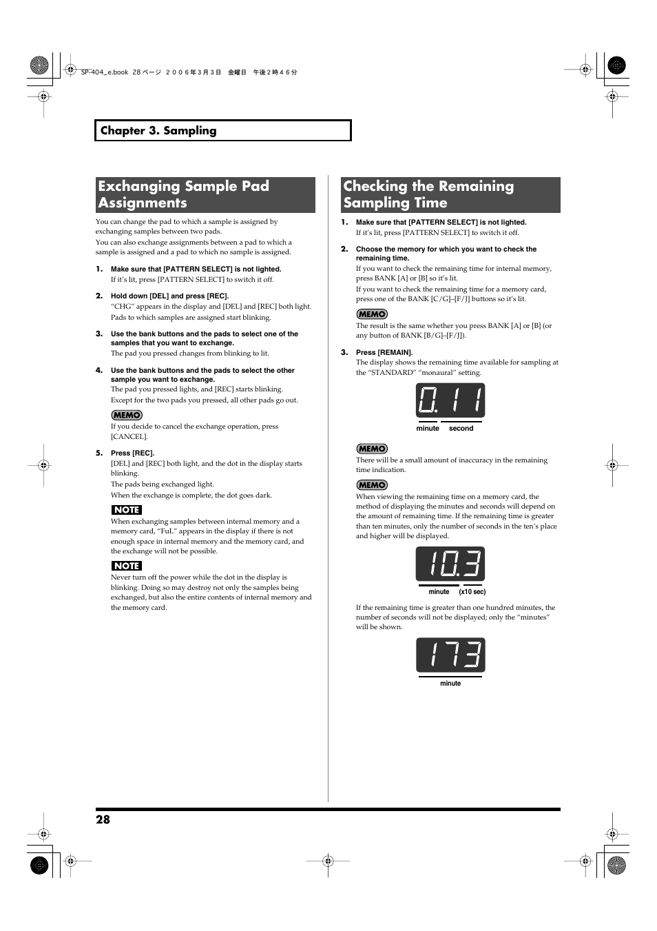 Exchanging sample pad assignments, Checking the remaining sampling time, 28 chapter 3. sampling | Roland SP-404 User Manual | Page 28 / 56