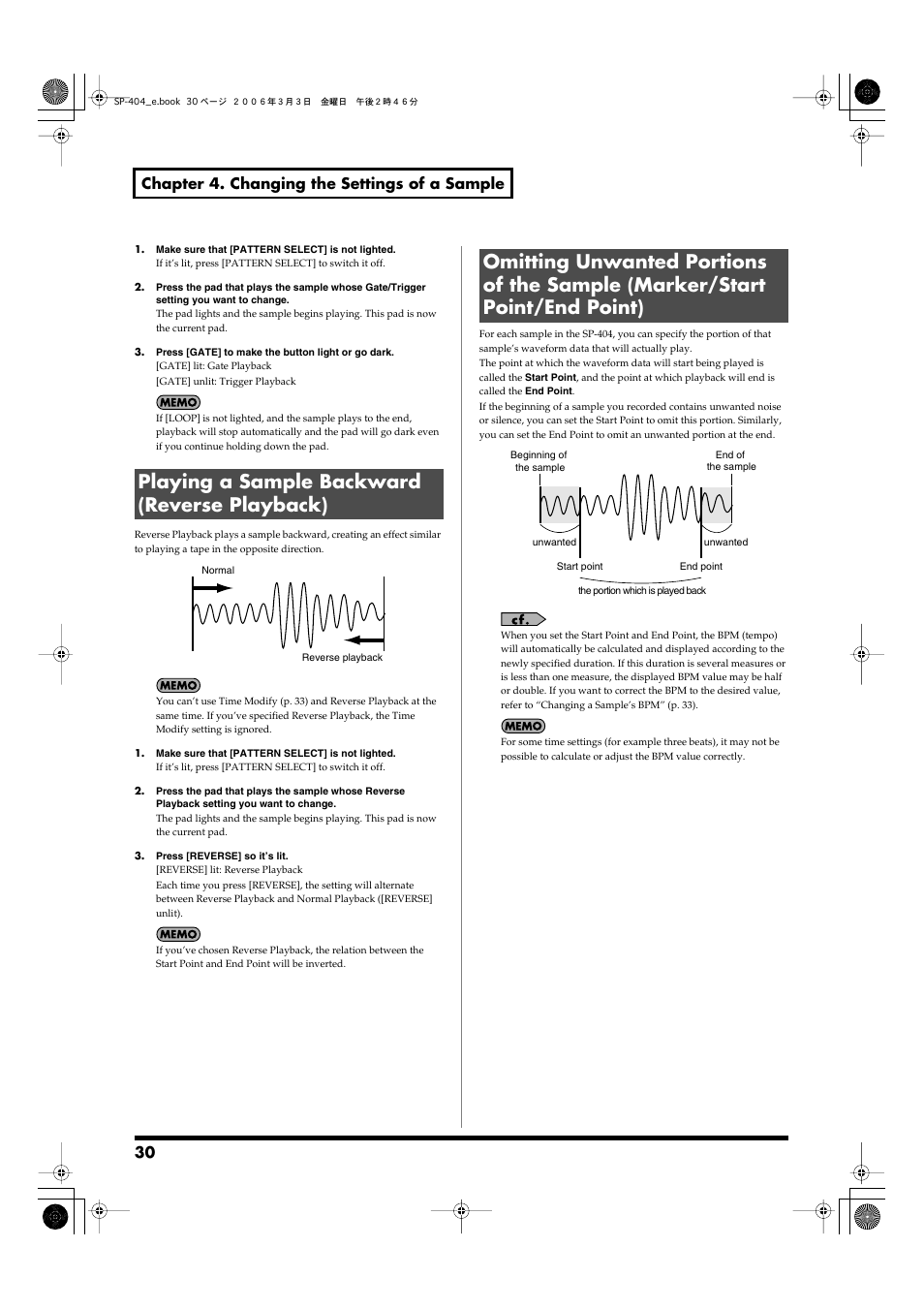 Playing a sample backward (reverse playback), Button is dark. (p. 30), Point)” (p. 30) | Start point/end point)” (p. 30), 30 chapter 4. changing the settings of a sample | Roland SP-404 User Manual | Page 30 / 56