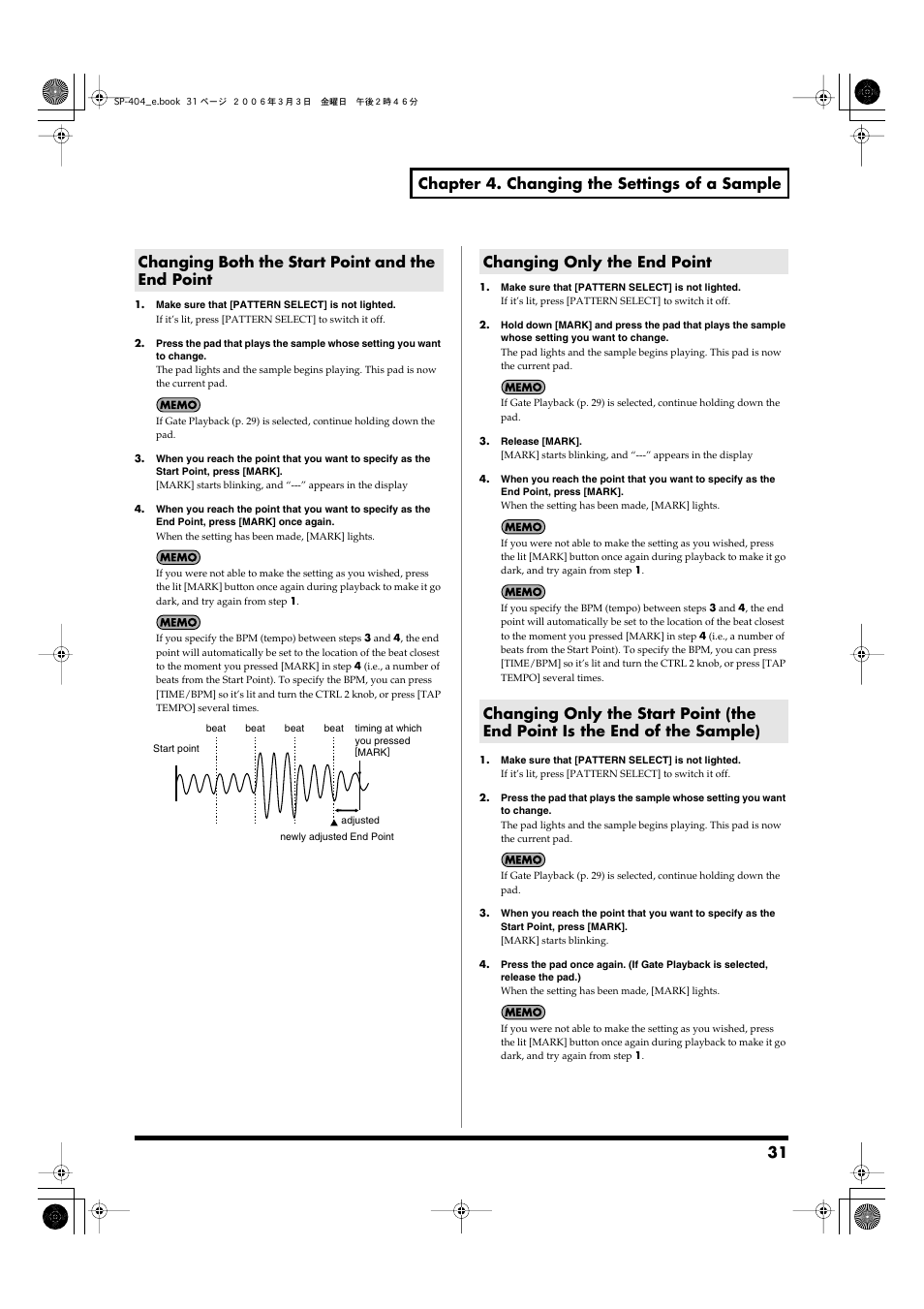 Changing both the start point and the end point, Changing only the end point, Play. (p. 31) | 31 chapter 4. changing the settings of a sample | Roland SP-404 User Manual | Page 31 / 56