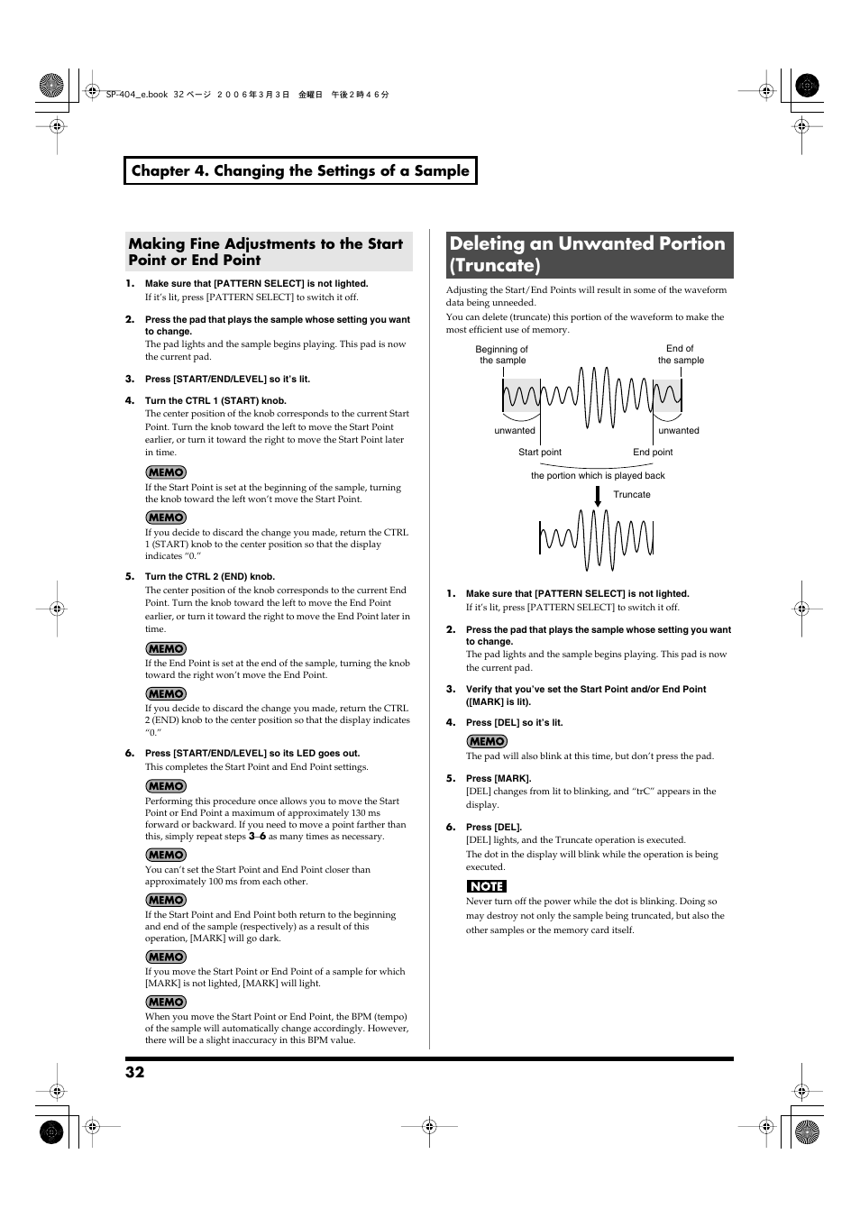 Deleting an unwanted portion (truncate), 32, p. 36), 32 chapter 4. changing the settings of a sample | Roland SP-404 User Manual | Page 32 / 56