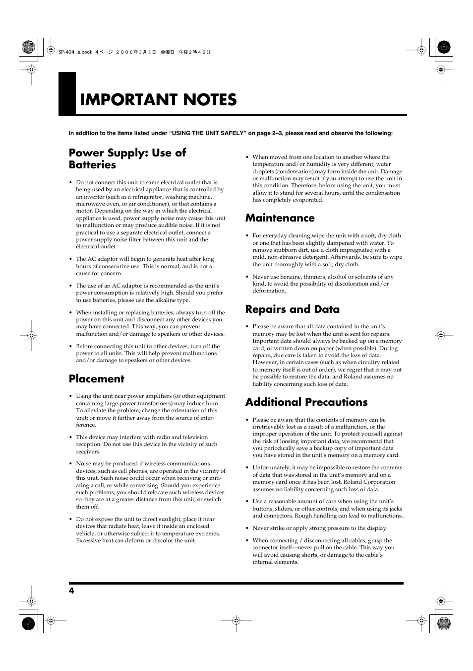 Important notes, Power supply: use of batteries, Placement | Maintenance, Repairs and data, Additional precautions | Roland SP-404 User Manual | Page 4 / 56