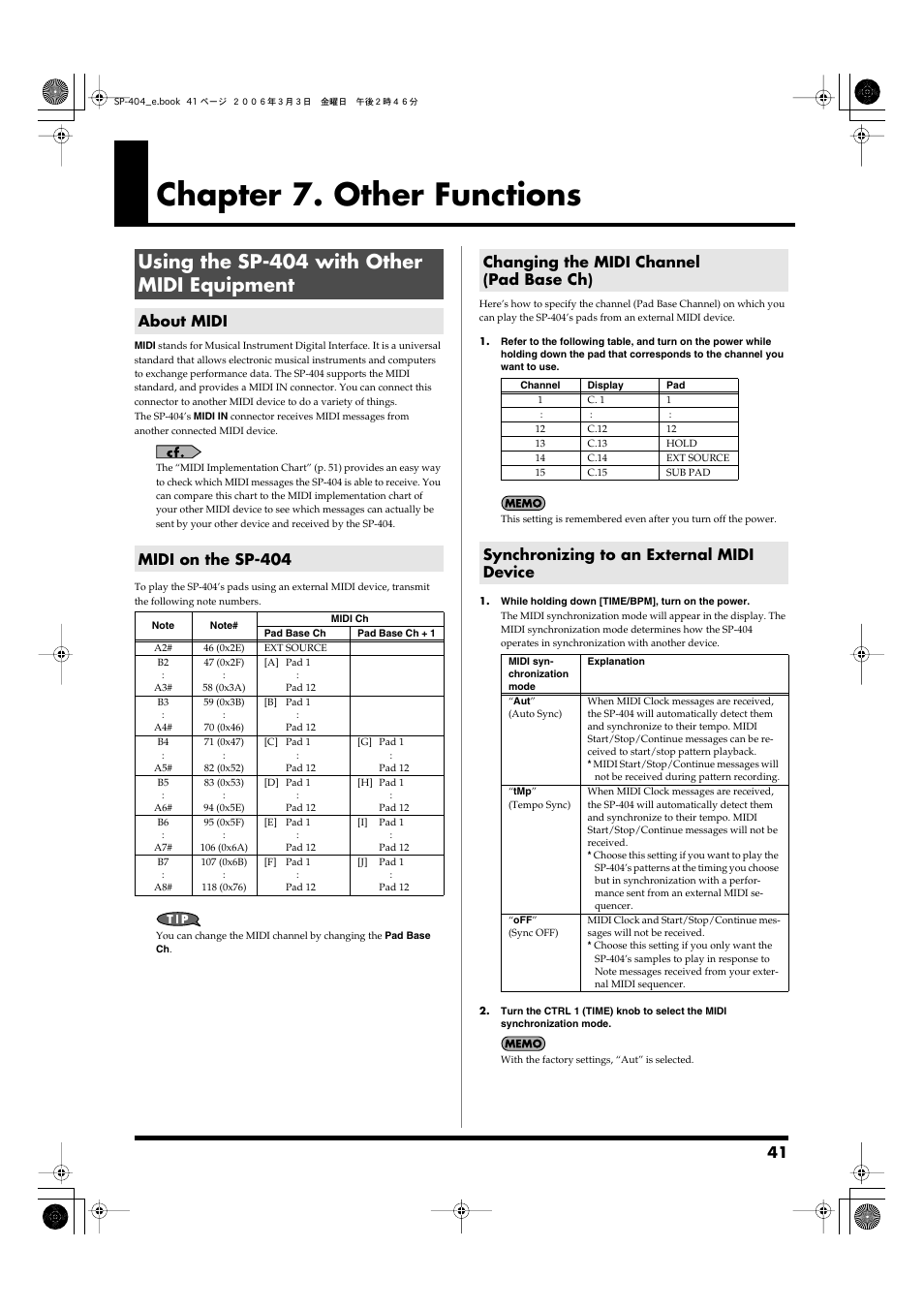 Chapter 7. other functions, Using the sp-404 with other midi equipment, About midi | Midi on the sp-404, Changing the midi channel (pad base ch), Synchronizing to an external midi device, Connect this to your midi device. (p. 41), About midi midi on the sp-404 | Roland SP-404 User Manual | Page 41 / 56