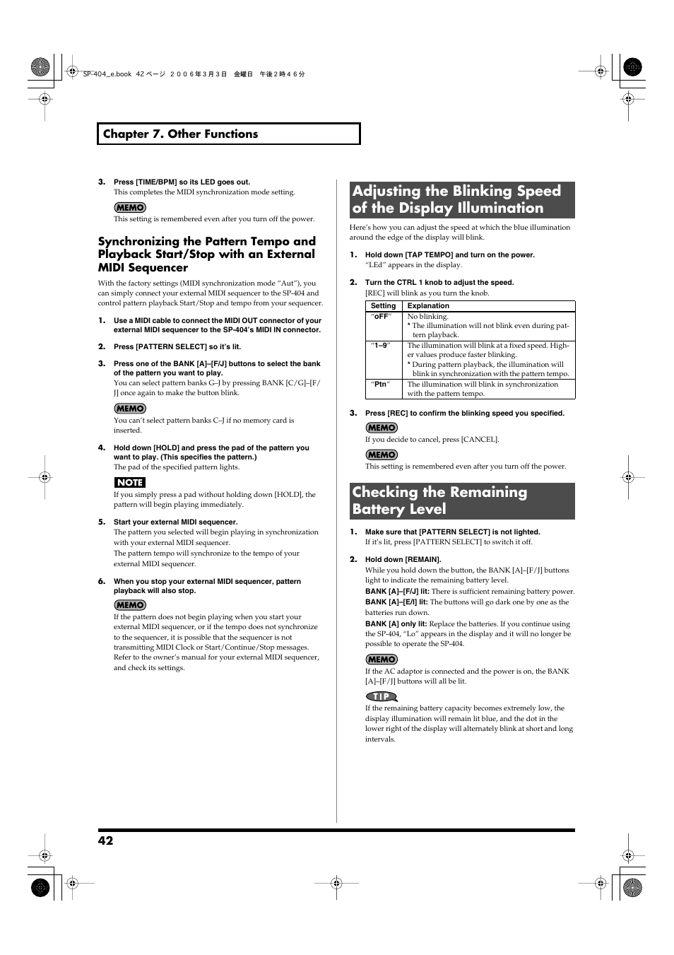 Checking the remaining battery level, 42 chapter 7. other functions | Roland SP-404 User Manual | Page 42 / 56
