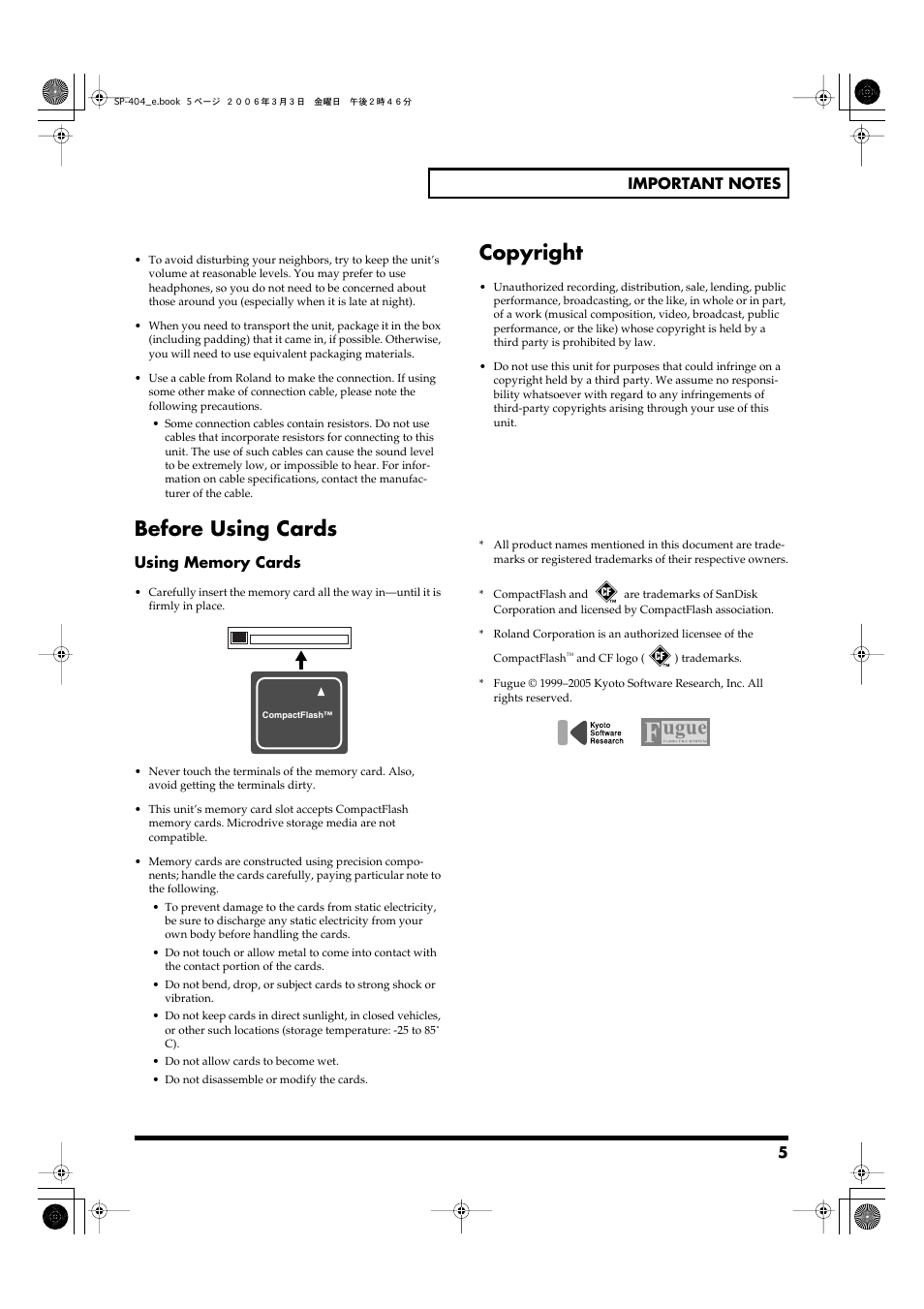 Before using cards, Copyright | Roland SP-404 User Manual | Page 5 / 56