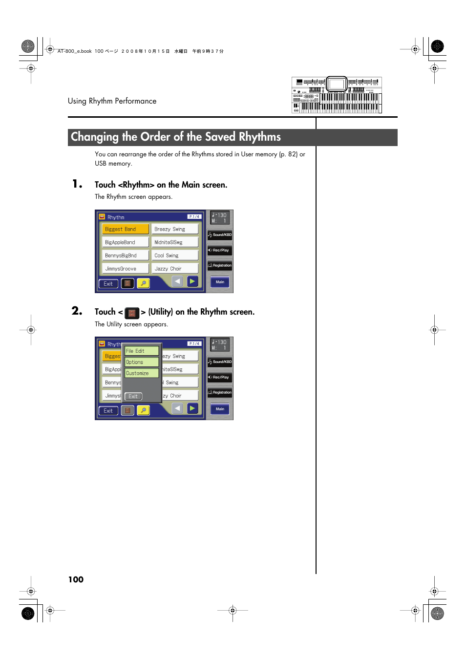 Changing the order of the saved rhythms | Roland AT800 User Manual | Page 100 / 292