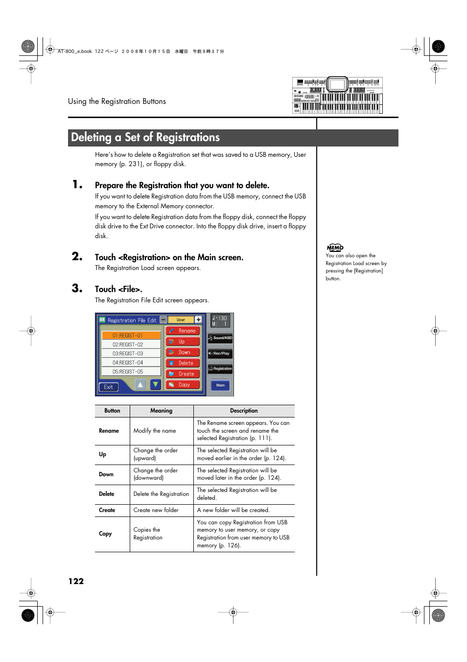 Deleting a set of registrations, Prepare the registration that you want to delete, Touch <registration> on the main screen | Touch <file | Roland AT800 User Manual | Page 122 / 292
