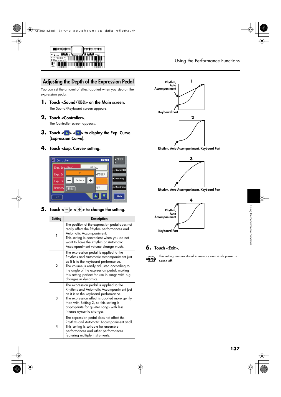 Adjusting the depth of the expression pedal, P. 137, Sound when it is pressed (p. 137) | Roland AT800 User Manual | Page 137 / 292