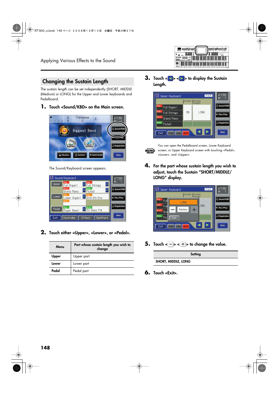 Changing the sustain length | Roland AT800 User Manual | Page 148 / 292