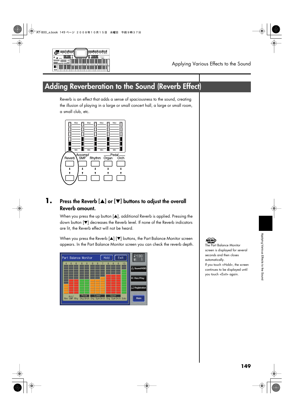 Adding reverberation to the sound (reverb effect) | Roland AT800 User Manual | Page 149 / 292