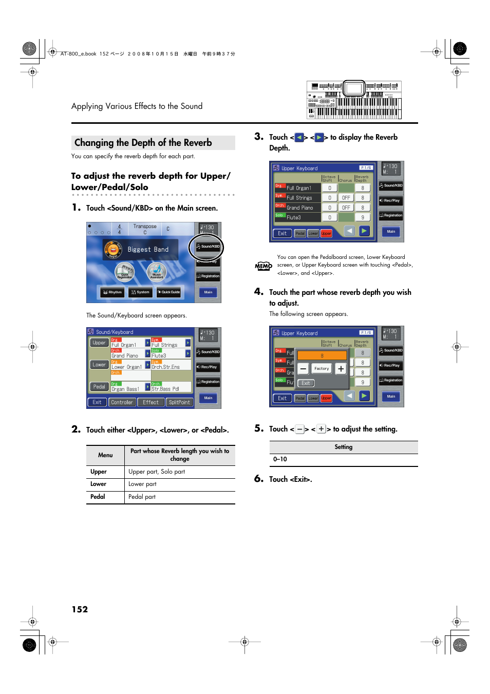 Changing the depth of the reverb | Roland AT800 User Manual | Page 152 / 292