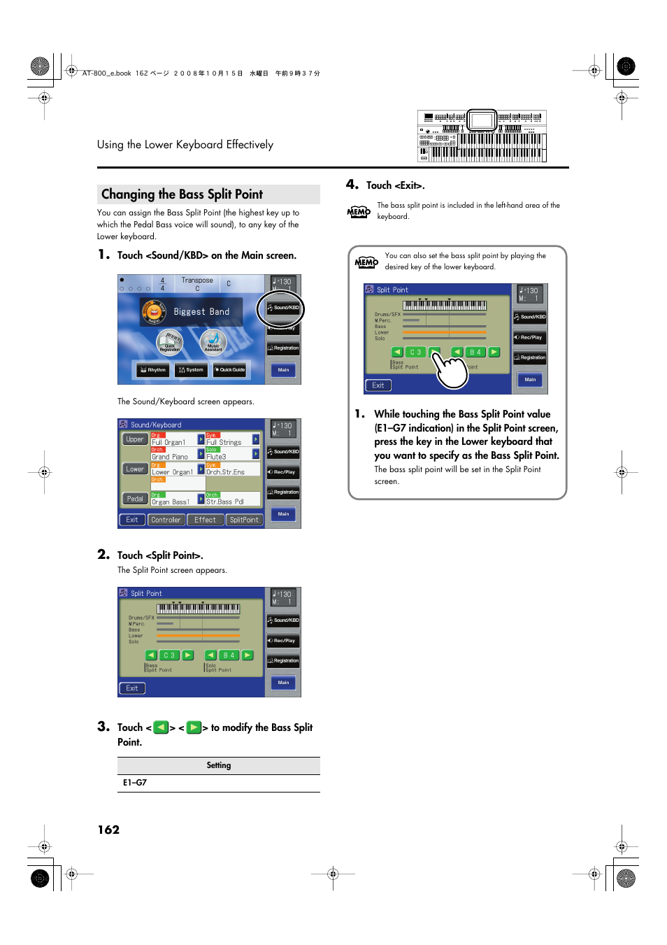 Changing the bass split point | Roland AT800 User Manual | Page 162 / 292