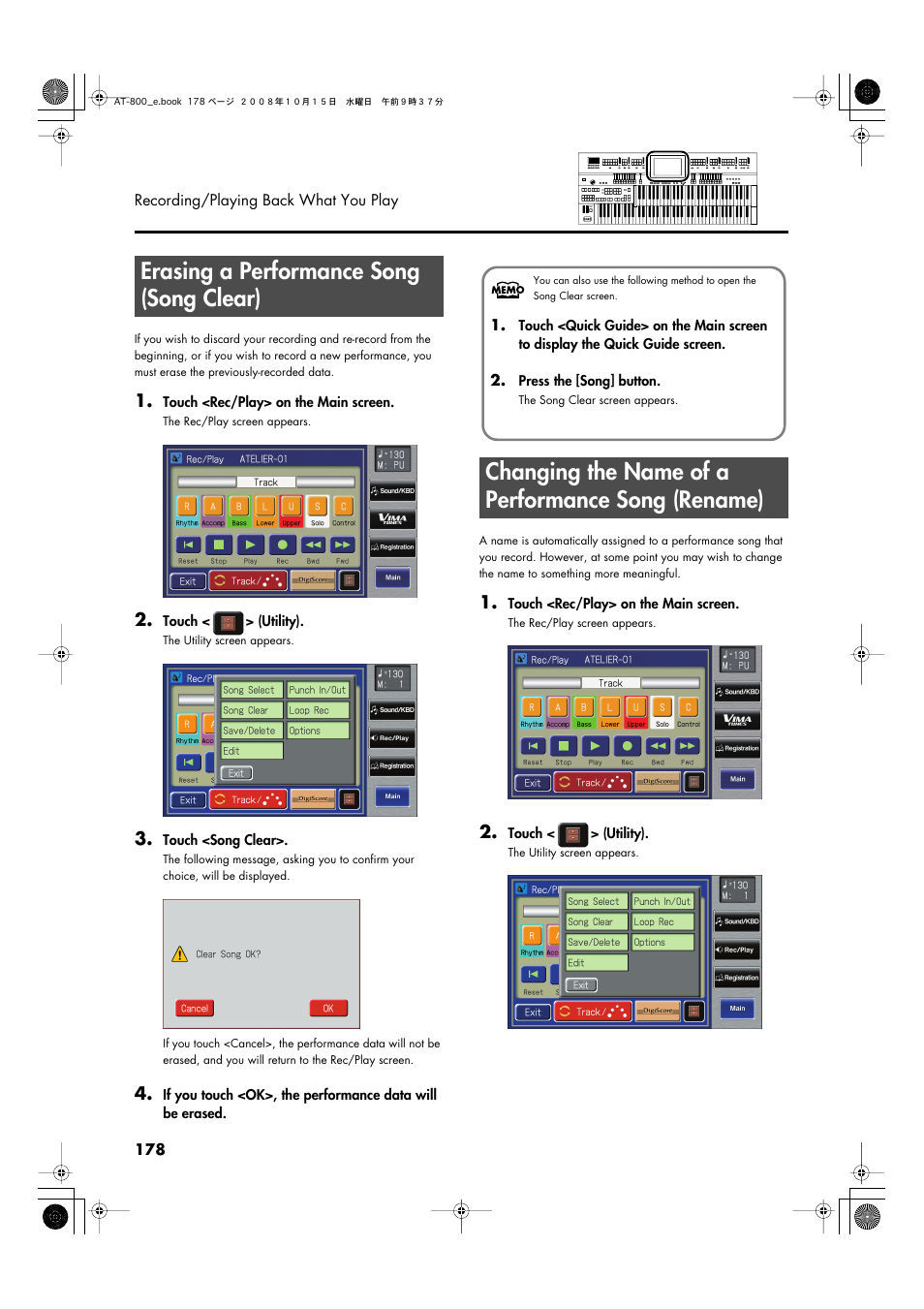 Erasing a performance song (song clear), Changing the name of a performance song (rename) | Roland AT800 User Manual | Page 178 / 292