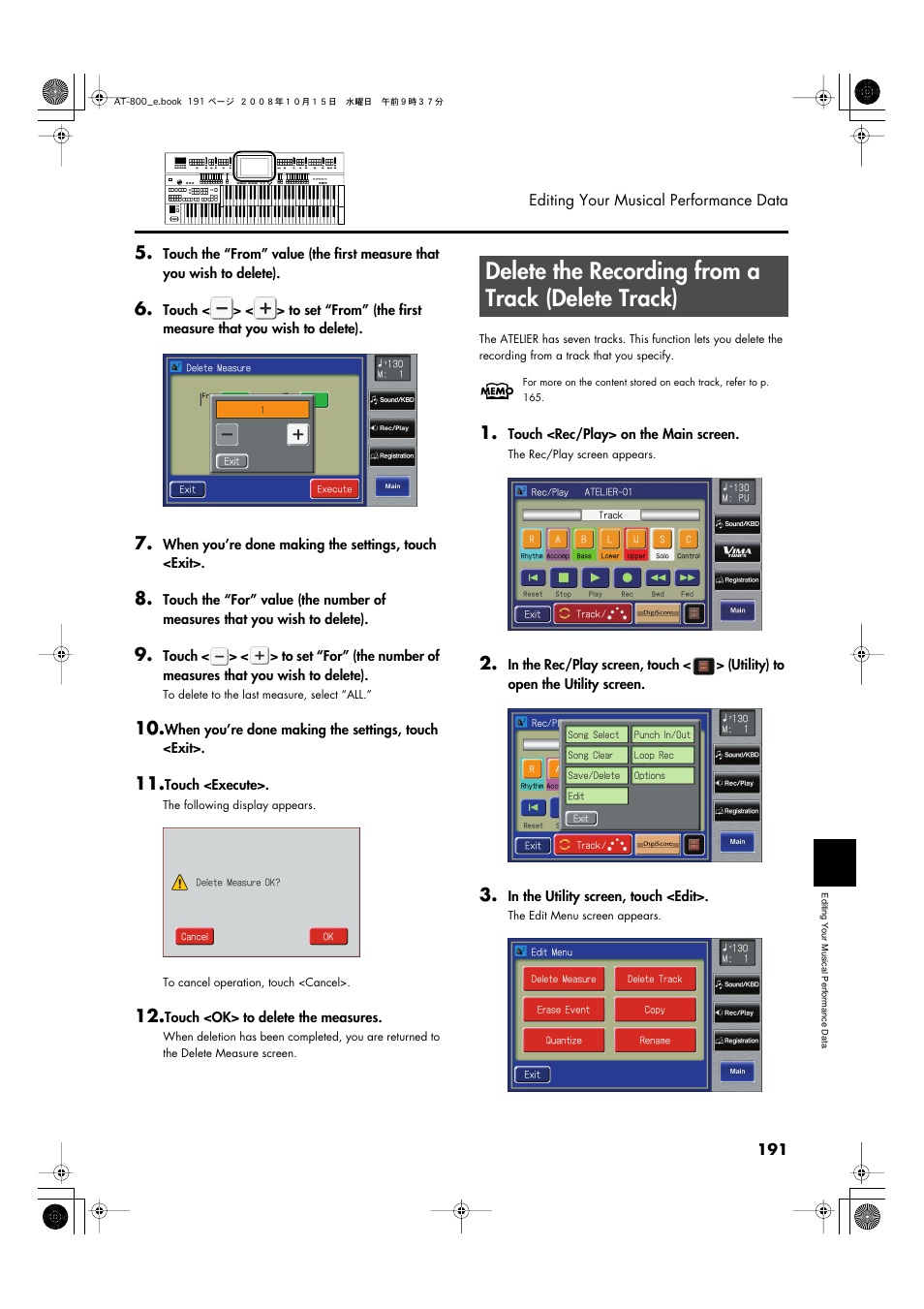 Delete the recording from a track (delete track), P. 191 | Roland AT800 User Manual | Page 191 / 292