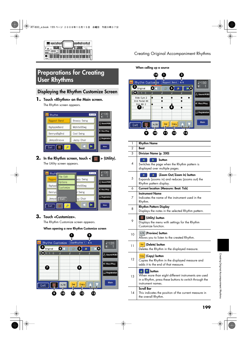 Preparations for creating user rhythms, Displaying the rhythm customize screen, 199 creating original accompaniment rhythms | Roland AT800 User Manual | Page 199 / 292