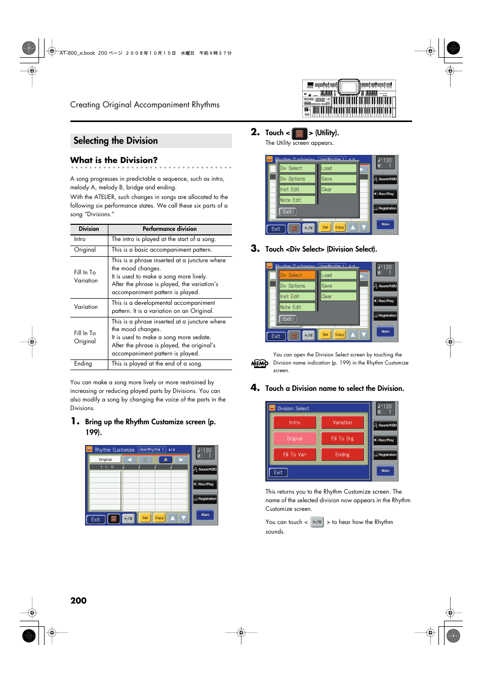 Selecting the division | Roland AT800 User Manual | Page 200 / 292