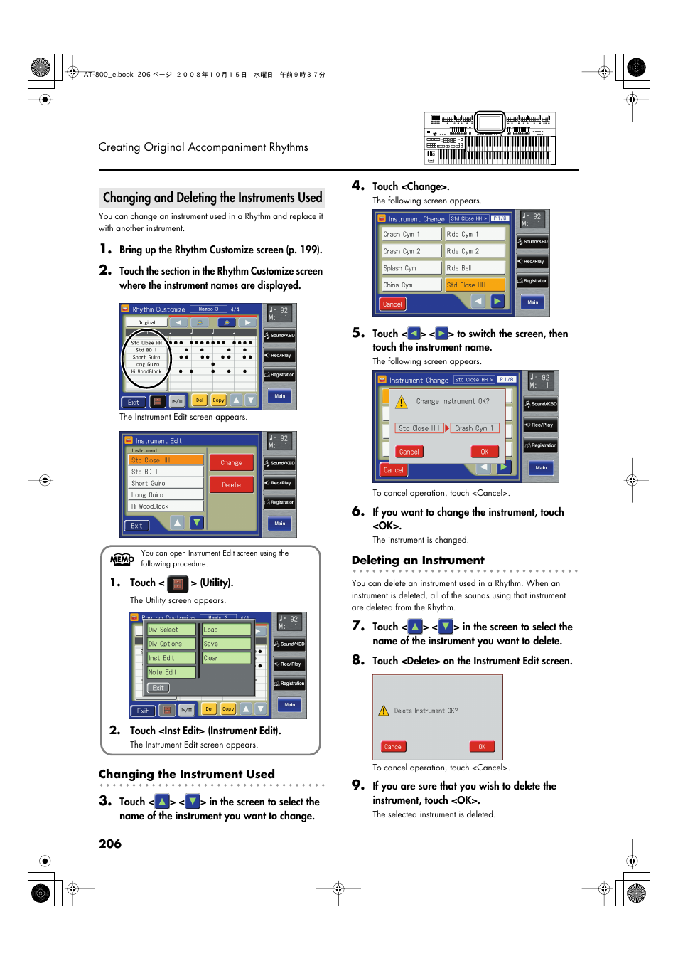 Changing and deleting the instruments used | Roland AT800 User Manual | Page 206 / 292