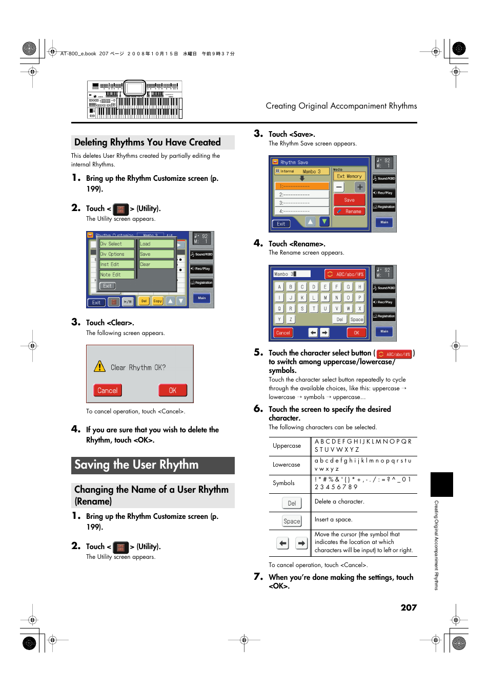 Deleting rhythms you have created, Saving the user rhythm, Changing the name of a user rhythm (rename) | Roland AT800 User Manual | Page 207 / 292