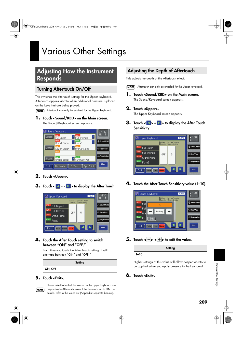 Various other settings, Adjusting how the instrument responds, Turning aftertouch on/off | Adjusting the depth of aftertouch | Roland AT800 User Manual | Page 209 / 292