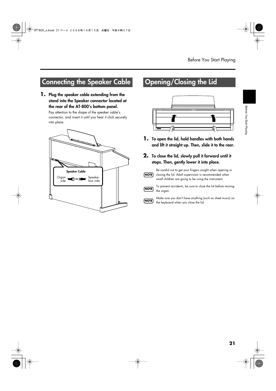 Connecting the speaker cable, Opening/closing the lid | Roland AT800 User Manual | Page 21 / 292