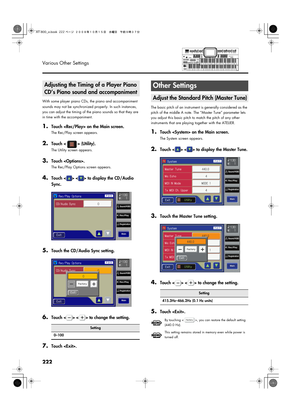 Other settings, Adjust the standard pitch (master tune) | Roland AT800 User Manual | Page 222 / 292