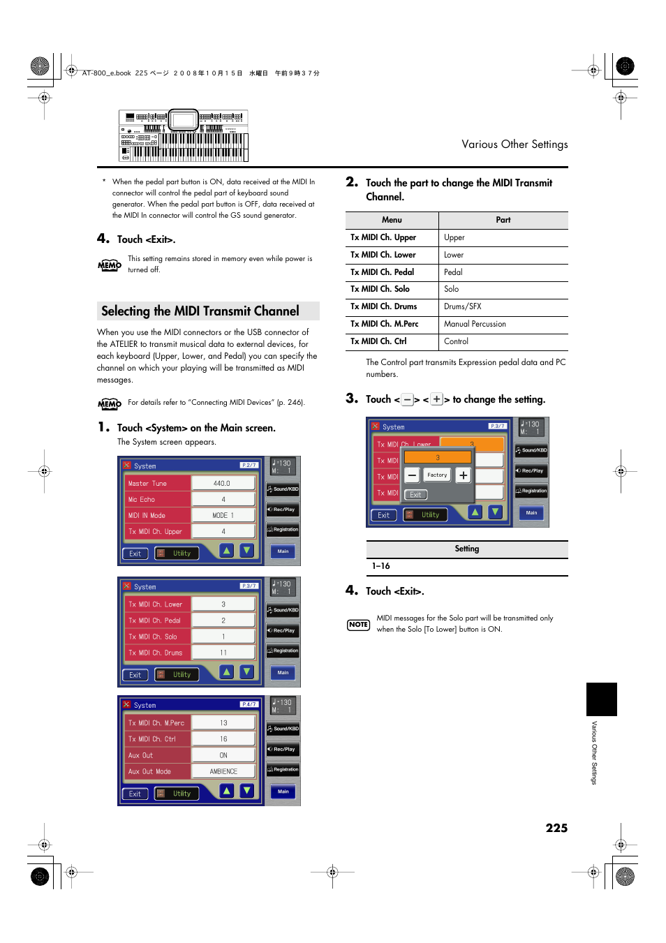 Selecting the midi transmit channel | Roland AT800 User Manual | Page 225 / 292