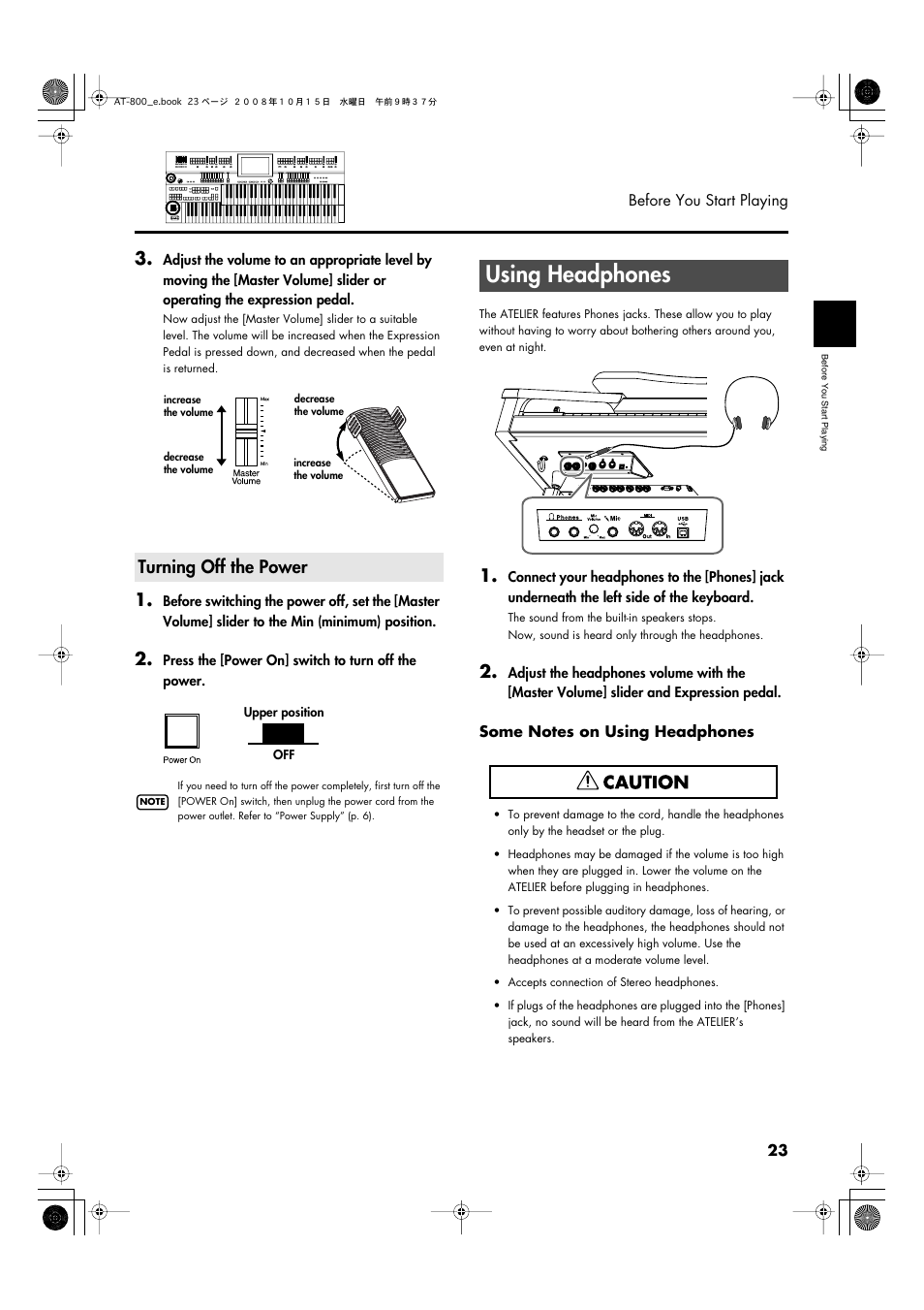 Turning off the power, Using headphones | Roland AT800 User Manual | Page 23 / 292