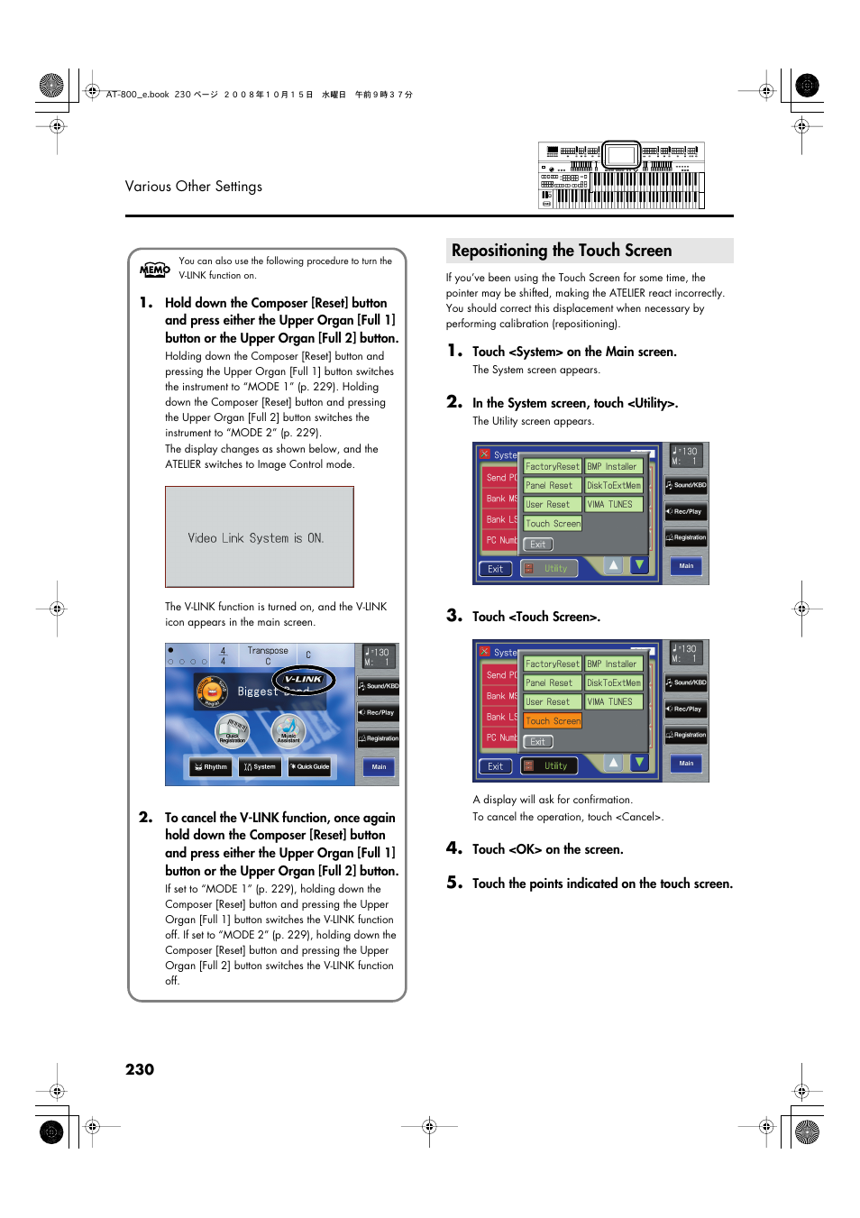 Repositioning the touch screen | Roland AT800 User Manual | Page 230 / 292