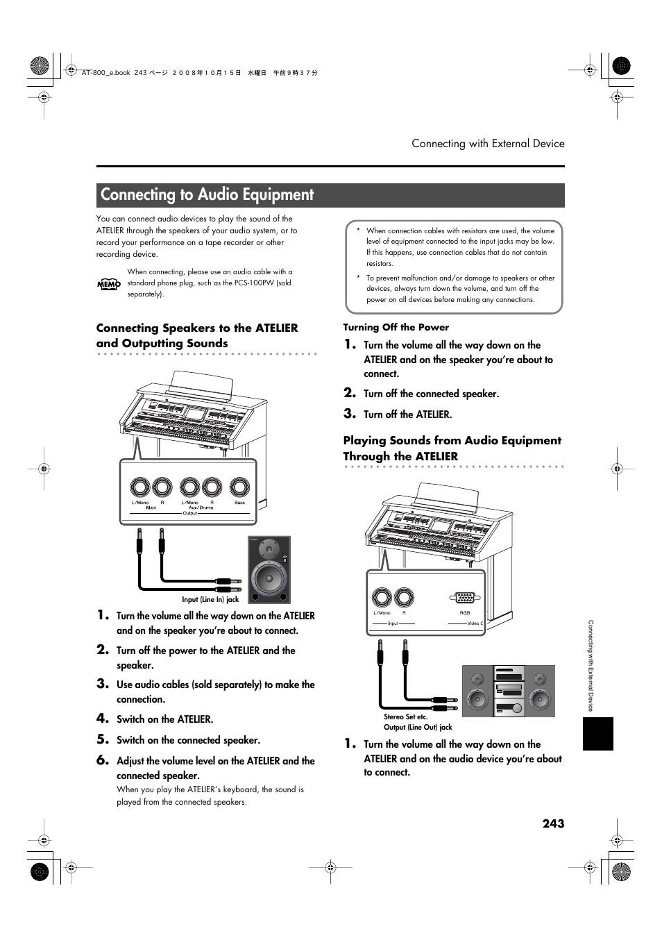 Connecting to audio equipment | Roland AT800 User Manual | Page 243 / 292