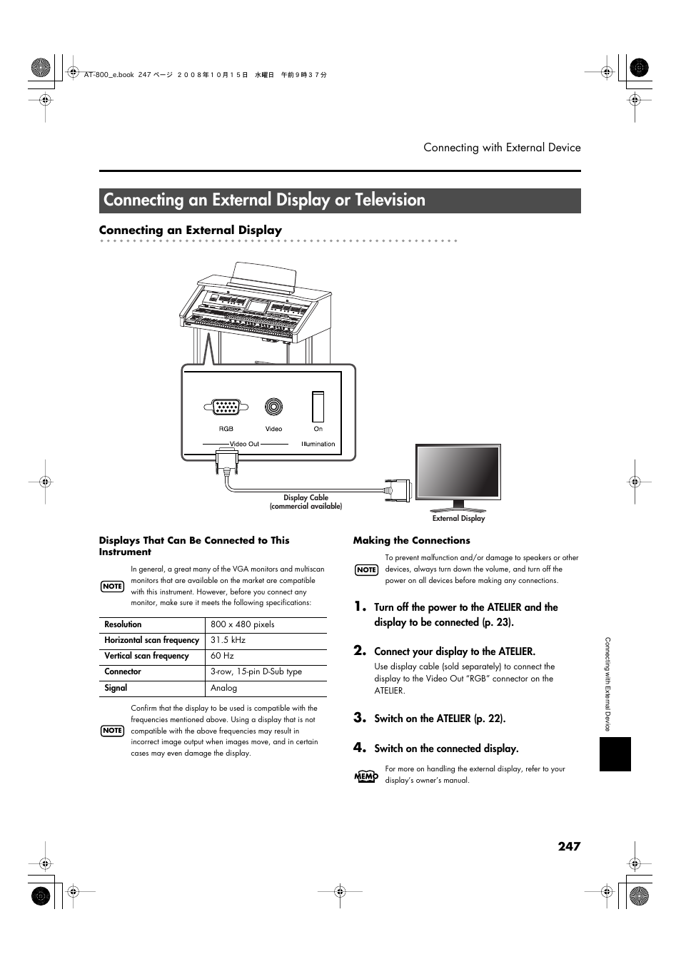 Connecting an external display or television, P. 247 | Roland AT800 User Manual | Page 247 / 292