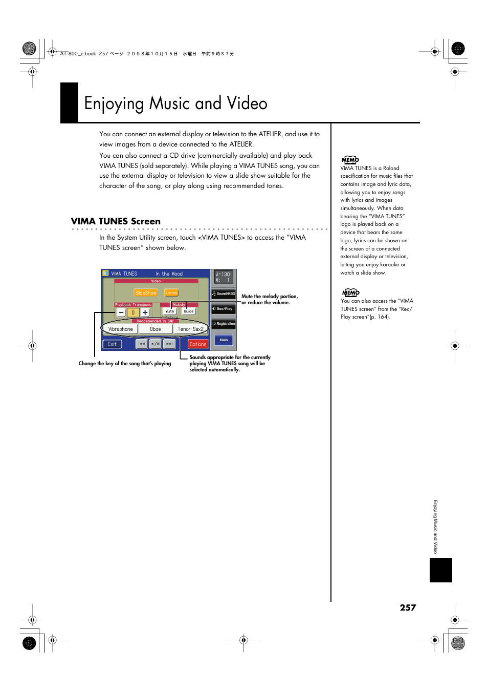 Enjoying music and video | Roland AT800 User Manual | Page 257 / 292